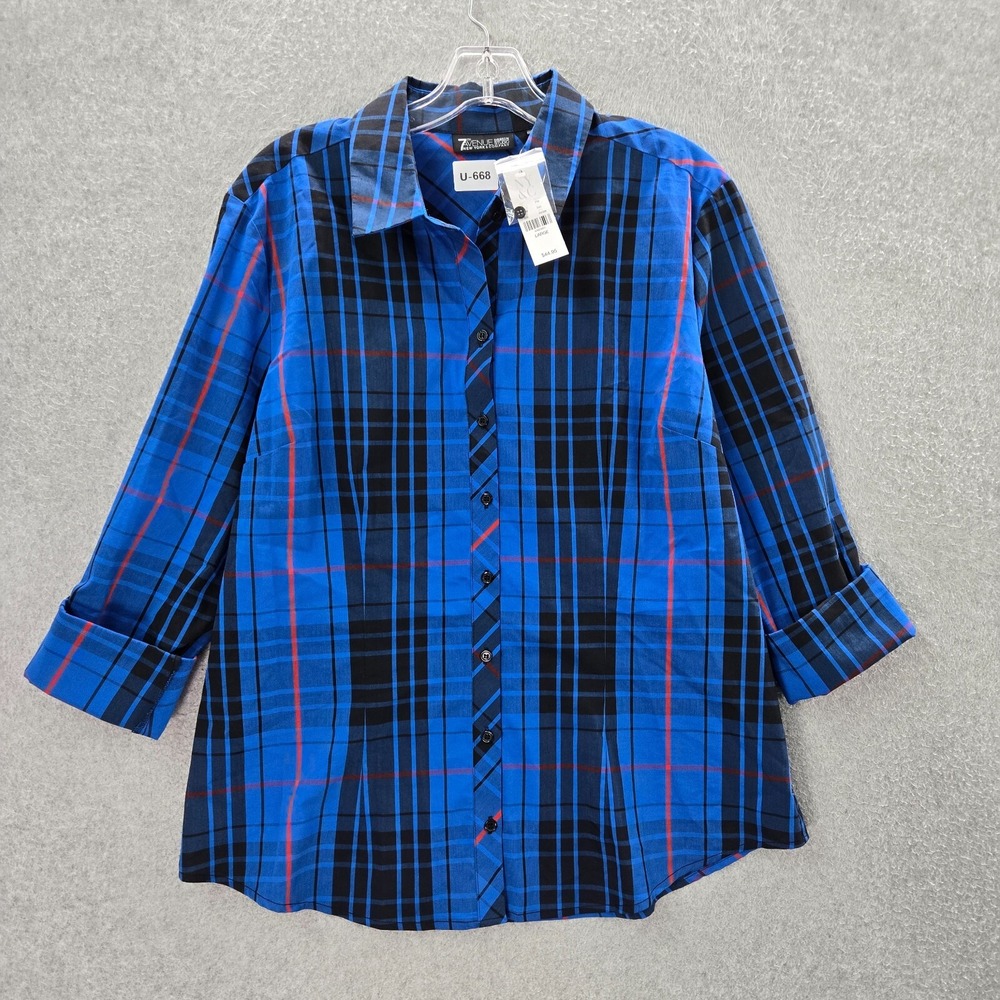 New York & Company Women Top Large Blue Plaid Button Up Collar NWT